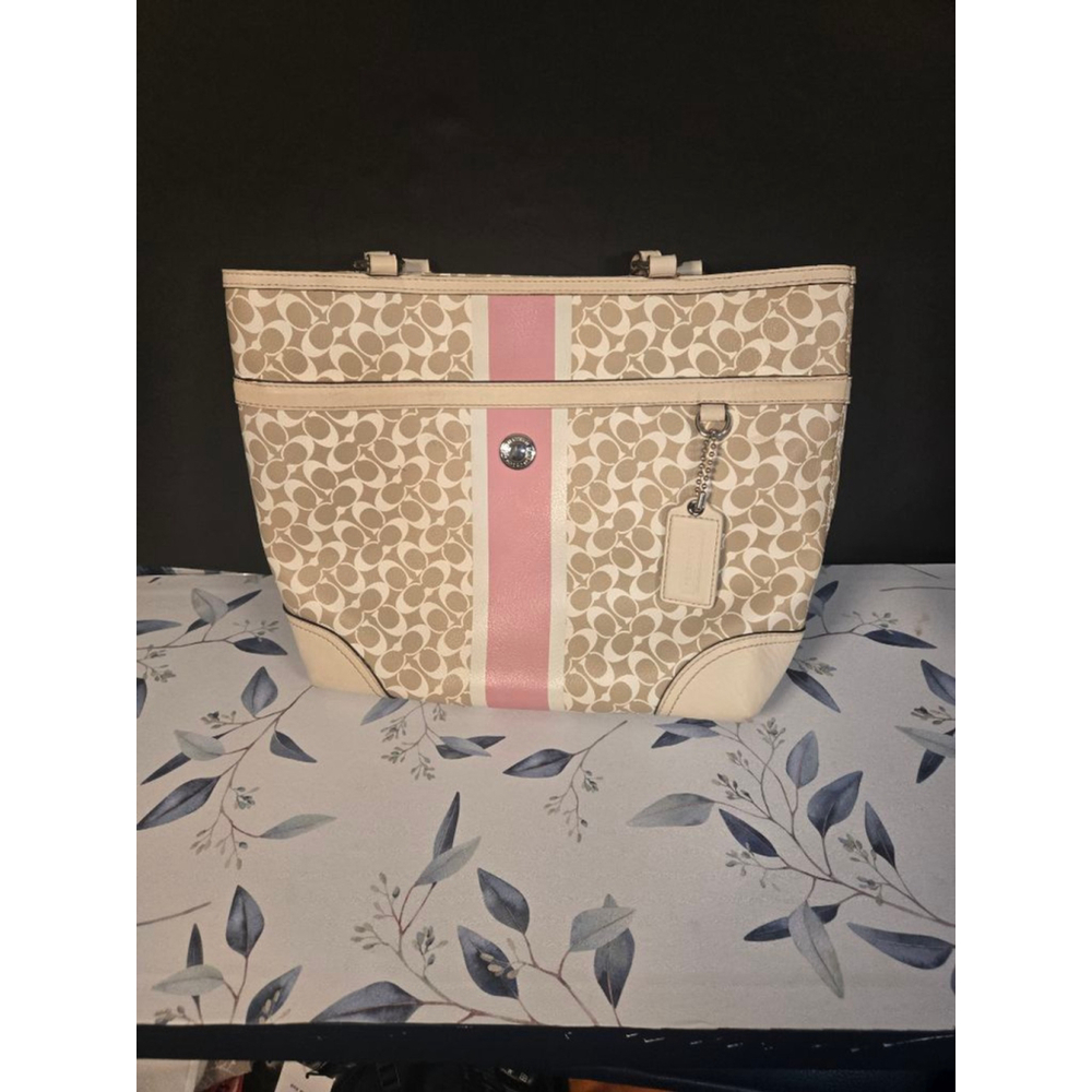 Coach Beige Signature Canvas Tote with Pink Stripe